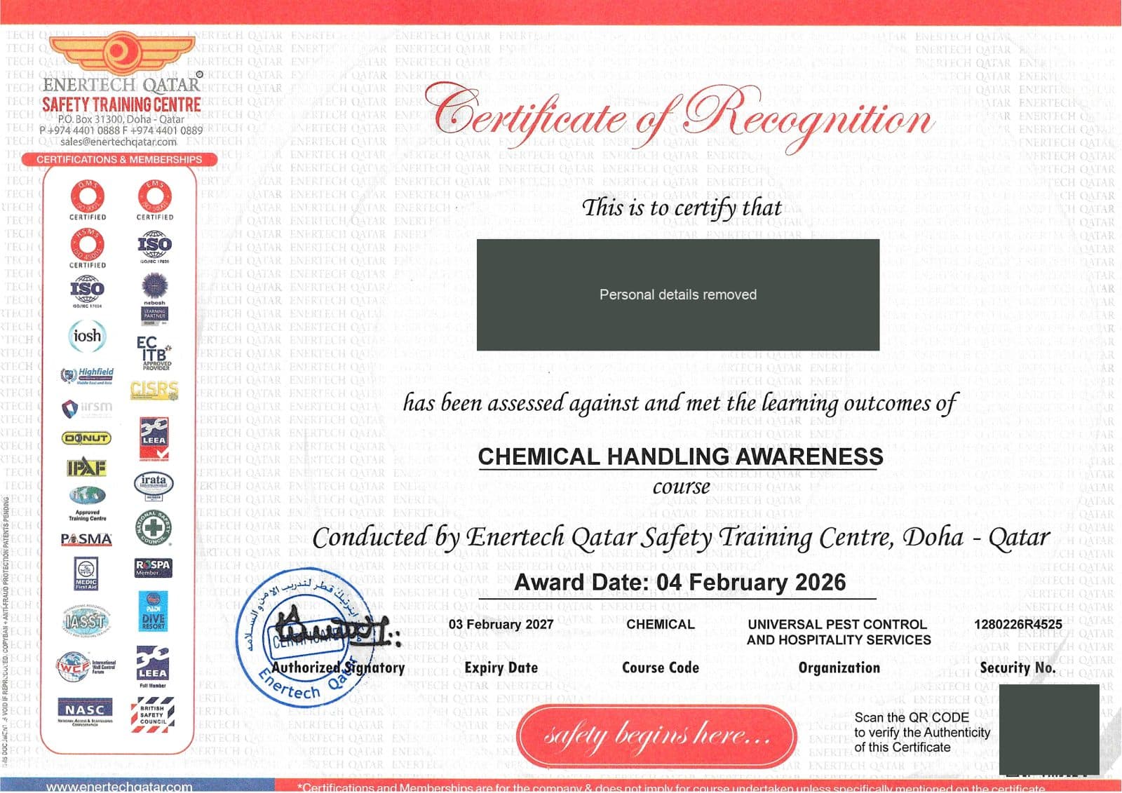 Chemical Handling Awareness certificate 1 of 5 from Enertech Qatar Safety Training Centre, with the technician's name and ID redacted