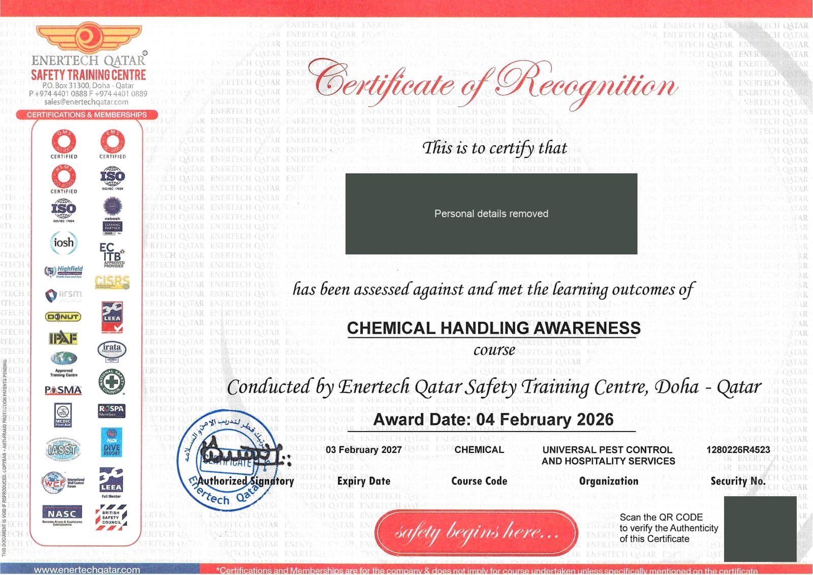 Chemical Handling Awareness certificate 2 of 5 from Enertech Qatar Safety Training Centre, with the technician's name and ID redacted